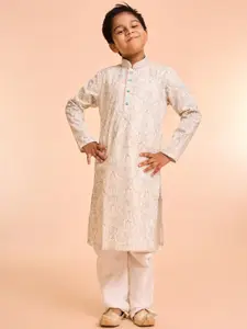 Manyavar Boys Floral Printed Mandarin Collar Kurta With Pyjamas