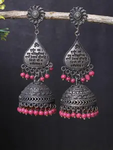 FASHION EMPIRE Silver Dome Shaped With Sanskrit Mantra & Pink Beads Jhumkas Earrings