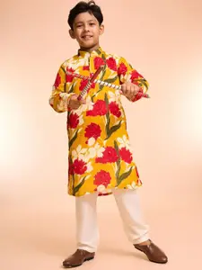 Manyavar Boys Floral Printed Mandarin Collar Chinon Kurta With Pyjamas