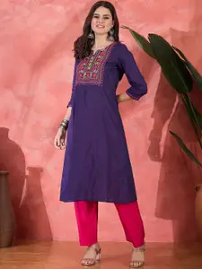 Sangria Floral Embroidered Notch-Neck Pure Cotton A-Line Kurta