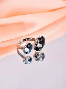 Reenisaa Rhodium-Plated Cubic Zirconia Studded Adjustable Finger Ring