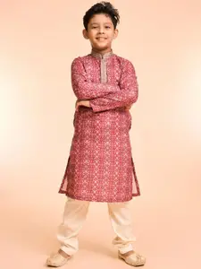 Manyavar Boys Floral Printed Mandarin Collar Kurta With Pyjamas