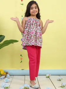 Sangria Girls Floral Printed Sleeveless Pure Cotton Top With Trouser