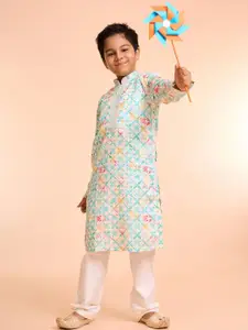 Manyavar Boys Floral Printed Thread Work Mandarin Collar Satin Kurta With Pyjamas