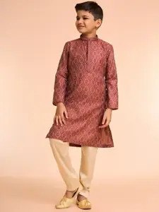 Manyavar Boys Woven Design Mandarin Collar Kurta With Pyjamas