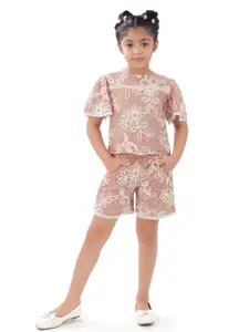 Tiny Girl Girls Floral Printed Round Neck Top With Shorts