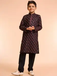 Manyavar Boys Geometric Mandarin Collar Thread Work Kurta With Pyjamas