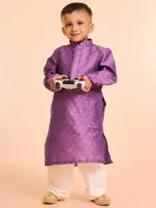 Manyavar Boys Floral Woven Design Mandarin Collar Straight Kurta With Pyjamas