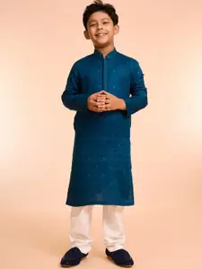 Manyavar Boys Geometric Embroidered Mandarin Collar Pure Cotton Kurta With Pyjamas