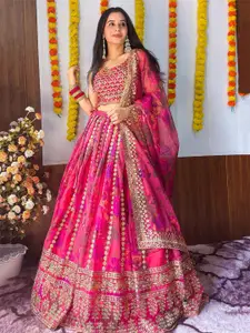 FABPIXEL Embroidered Sequinned Organza Semi-Stitched Lehenga & Unstitched Blouse & Dupatta