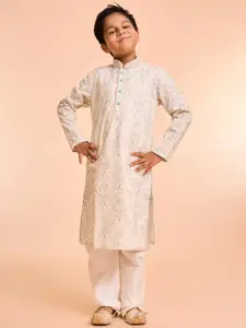 Manyavar Boys Floral Printed Thread work Mandarin Collar Kurta With Pyjamas