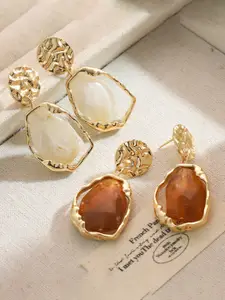 Niska Set Of 2 Stainless Steel Gold-Plated Stones Studded Contemporary Drop Earrings