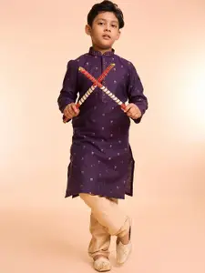 Manyavar Boys Floral Woven Design Mandarin Collar Straight Kurta With Pyjamas
