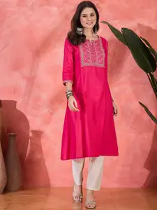 Sangria Floral Yoke Design Notch-Neck Thread Work Straight Kurta