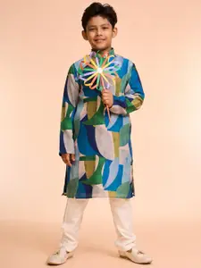 Manyavar Boys Geometric Printed Mandarin Collar Straight Satin Kurta With Pyjamas