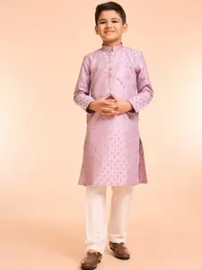 Manyavar Boys Floral Embroidered Mandarin Collar Art Silk Kurta With Pyjamas