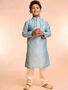 Manyavar Boys Floral Printed Mandarin Collar Art Silk Kurta With Pyjamas