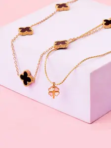 SALTY Set Of 2 Artificial Stones-Studded Clover & Charm Necklace With Pendant