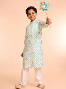 Manyavar Boys Geometric Printed Mandarin Collar Straight Satin Kurta With Pyjamas
