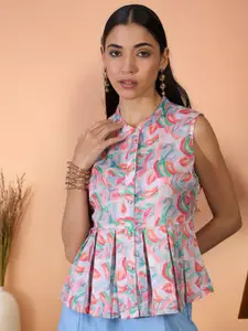 Sangria Women Floral Printed Mandarin Collar Peplum Top