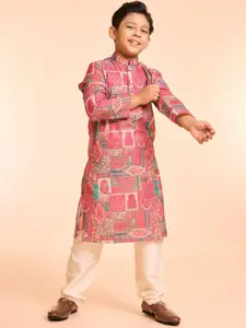 Manyavar Boys Floral Printed Mandarin Collar Kurta With Pyjamas