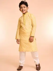 Manyavar Boys Geometric Printed Mandarin Collar Art Silk Kurta With Pyjamas