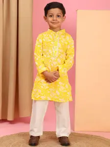 Cutiekins Boys Floral Printed Mandarin Collar Kurta With Pyjama