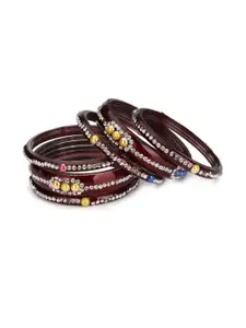 1ST TIME Women Maroon Set of 6 Artificial Stones and Beads Alloy Bangle