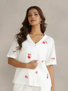 Fabindia Women Floral Embroidered V-Neck Regular Top