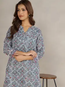 Fabindia Ethnic Motifs Printed Hand Block Mandarin Collar Cotton Straight Kurta