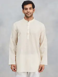 Fabindia Checked Band Collar Natural Cotton Blend Straight Short Kurta
