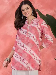 Sangria Floral Printed Mandarin Collar Pure Cotton Straight Kurtis