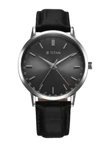 Titan Elegance Quartz Dark Grey Round Dial Leather Men's Watch - 90202SL02