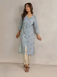 Fabindia Cotton Floral Printed V Neck Straight Kurta