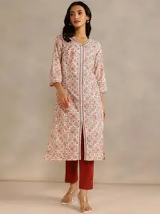 Fabindia Cotton Floral Printed V Neck Straight Kurta
