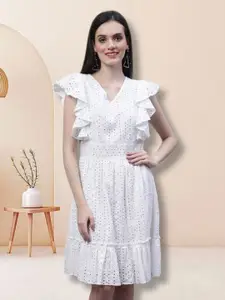 MARC LOUIS Women Embroidered Flared Sleeve Fit & Flare Cotton Dress