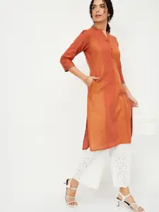 max Striped Woven Design Mandarin Collar Pure Cotton Straight Kurta