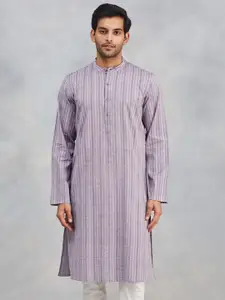 Fabindia Striped Band Collar Round Neck Cotton Straight Kurta