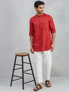 Fabindia Striped Woven Design Band Collar Straight Kurta