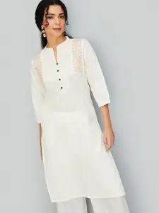 max Floral Yoke Design Mandarin Collar Thread Work Straight Kurta