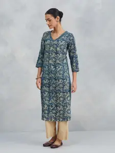 Fabindia Ethnic Motifs Printed V-Neck Pure Cotton Straight Kurta