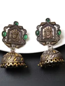 FASHION EMPIRE Classic Oxidized Face Engraved Green Stone Jhumkas