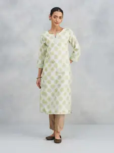 Fabindia Ethnic Motifs Block Printed Notch Neck Sequnnied Cotton Silk Straight Kurta