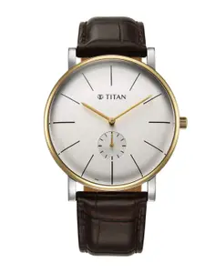 Titan Elegance Quartz White Round Dial Leather Men's Watch - 90203BL01