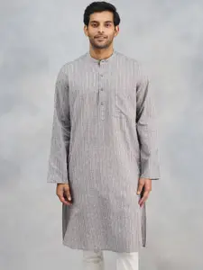 Fabindia Striped Band Collar Cotton Straight Kurta