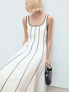 MANGO Striped Shoulder Straps A-Line Midi Dress