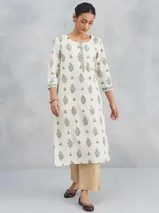 Fabindia Ethnic Motifs Printed Round Neck Cotton Straight Kurta
