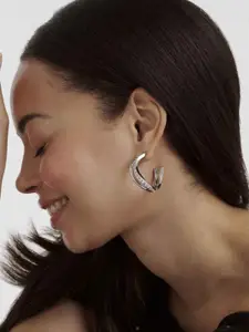 Ted Baker Silver-Plated Artificial Stones Studded Contemporary Hoop Earrings
