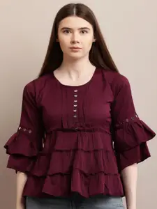 69 FASHION STREET Women Self Design Flared Sleeves Ruffles Georgette Tiered Peplum Top