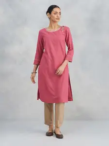 Fabindia Floral Embroidered Thread Work Boat Neck Pure Cotton Straight Kurta